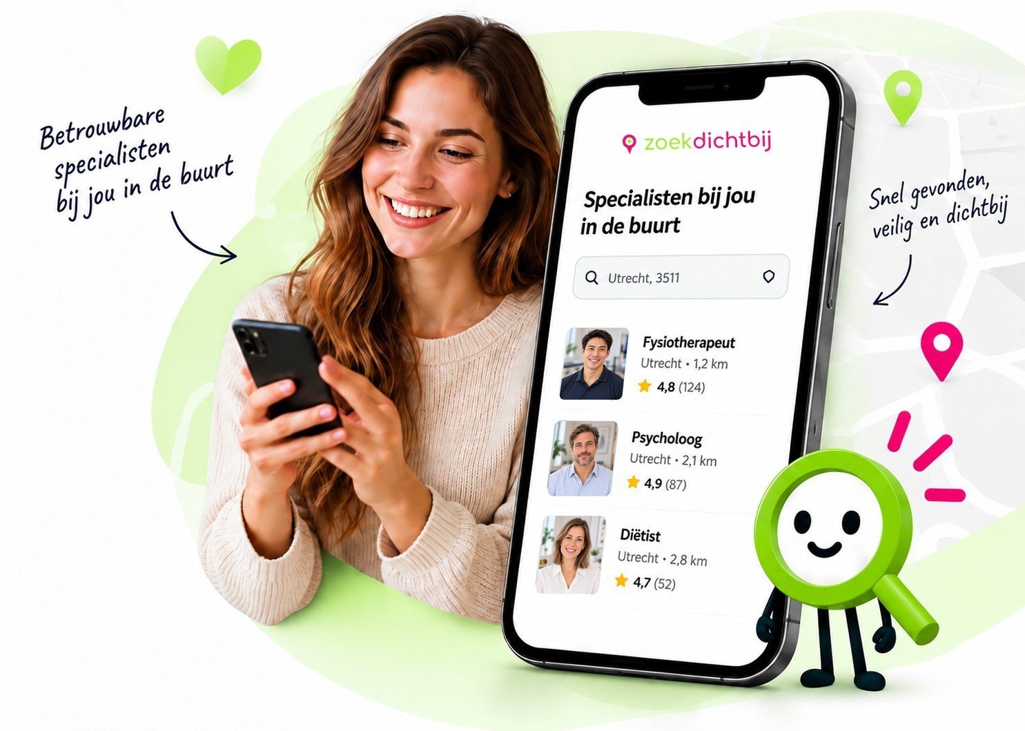 Vrouw met telefoon, ZoekDichtbij-app met specialisten in de buurt en de mascotte